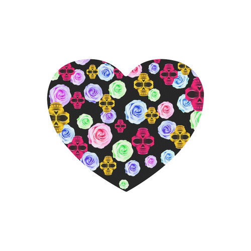 skull portrait in pink and yellow with colorful rose and black background Heart-shaped Mousepad