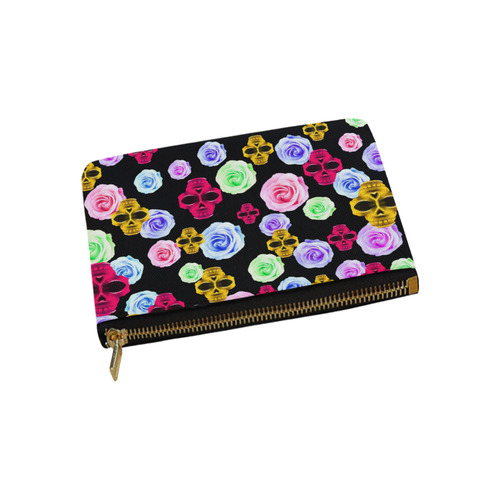 skull portrait in pink and yellow with colorful rose and black background Carry-All Pouch 9.5''x6''