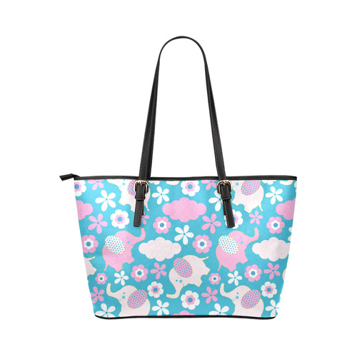 Cute Baby Pink Elephant Floral Leather Tote Bag/Large (Model 1651)