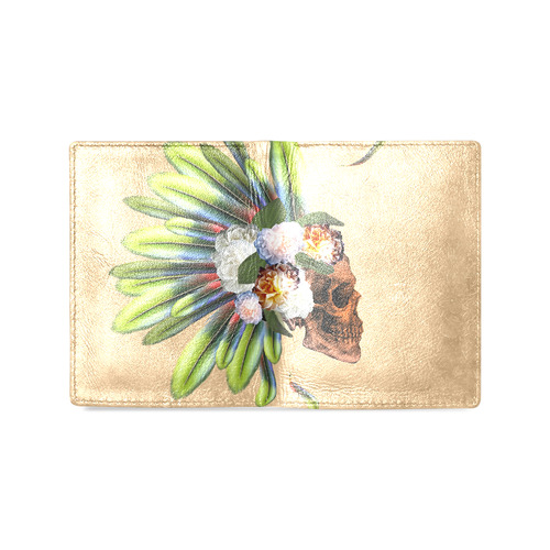 Amazing skull with feathers and flowers Men's Leather Wallet (Model 1612)