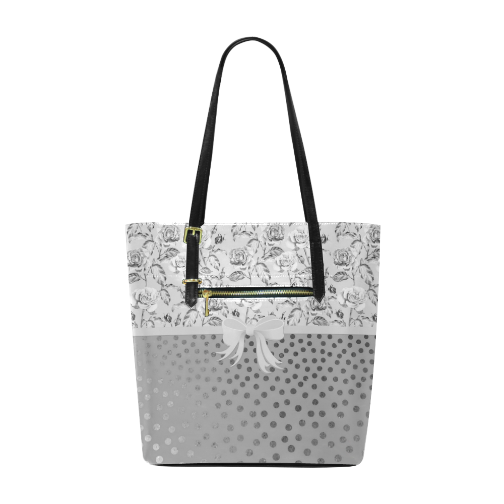 Vintage Roses Polka Dots Ribbon - Grey Silver Euramerican Tote Bag/Small (Model 1655)