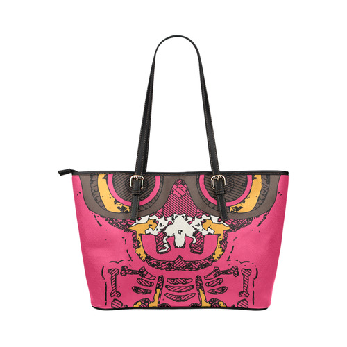 funny skull and bone graffiti drawing in orange brown and pink Leather Tote Bag/Small (Model 1651)