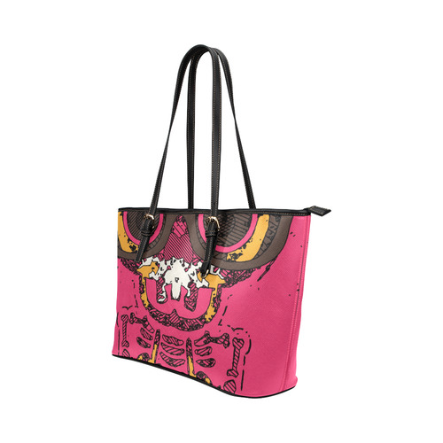 funny skull and bone graffiti drawing in orange brown and pink Leather Tote Bag/Large (Model 1651)