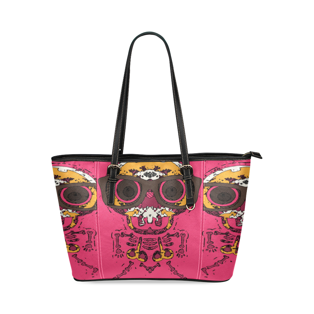 funny skull and bone graffiti drawing in orange brown and pink Leather Tote Bag/Small (Model 1640)