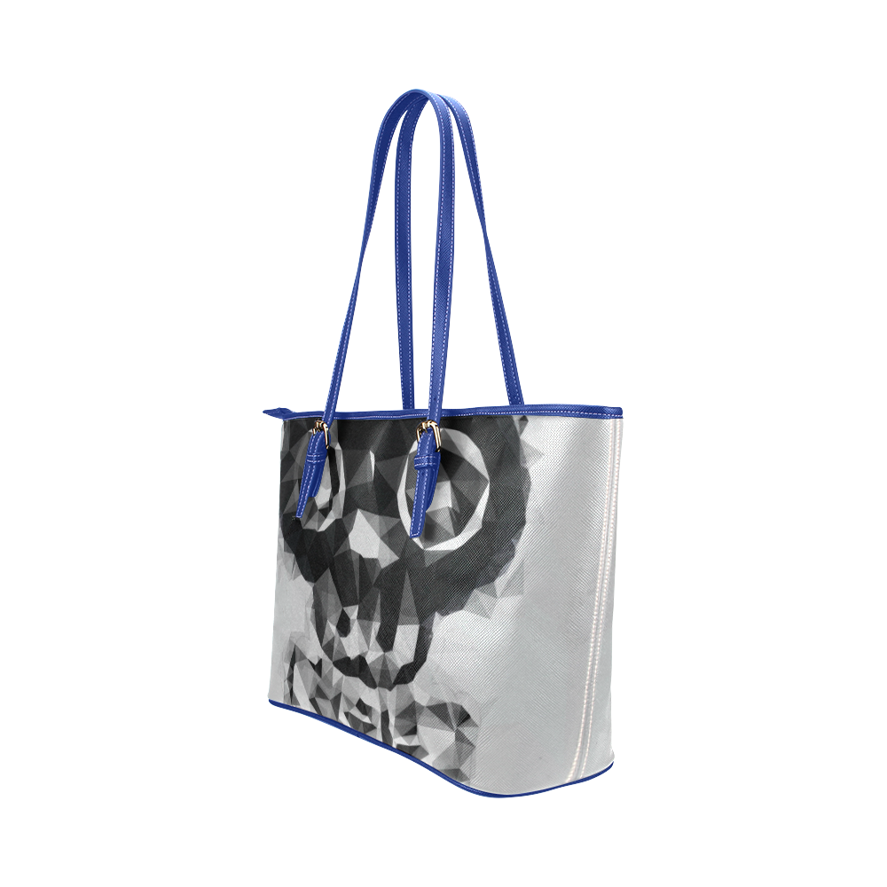 psychedelic skull and bone art geometric triangle abstract pattern in black and white Leather Tote Bag/Small (Model 1651)