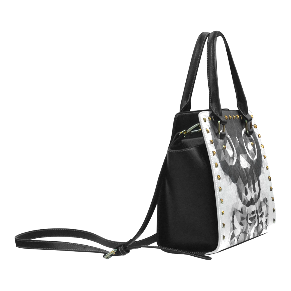psychedelic skull and bone art geometric triangle abstract pattern in black and white Rivet Shoulder Handbag (Model 1645)