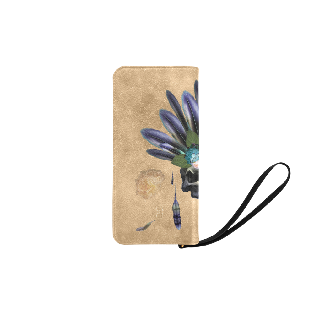 Cool skull with feathers and flowers Women's Clutch Purse (Model 1637)