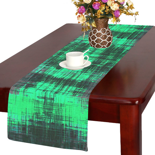 psychedelic geometric plaid abstract pattern in green and black Table Runner 14x72 inch