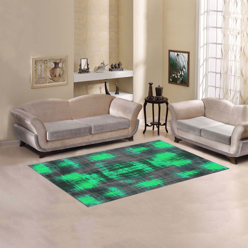 psychedelic geometric plaid abstract pattern in green and black Area Rug 5'x3'3''