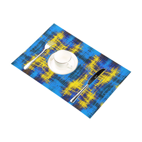 geometric plaid pattern painting abstract in blue yellow and black Placemat 12''x18''