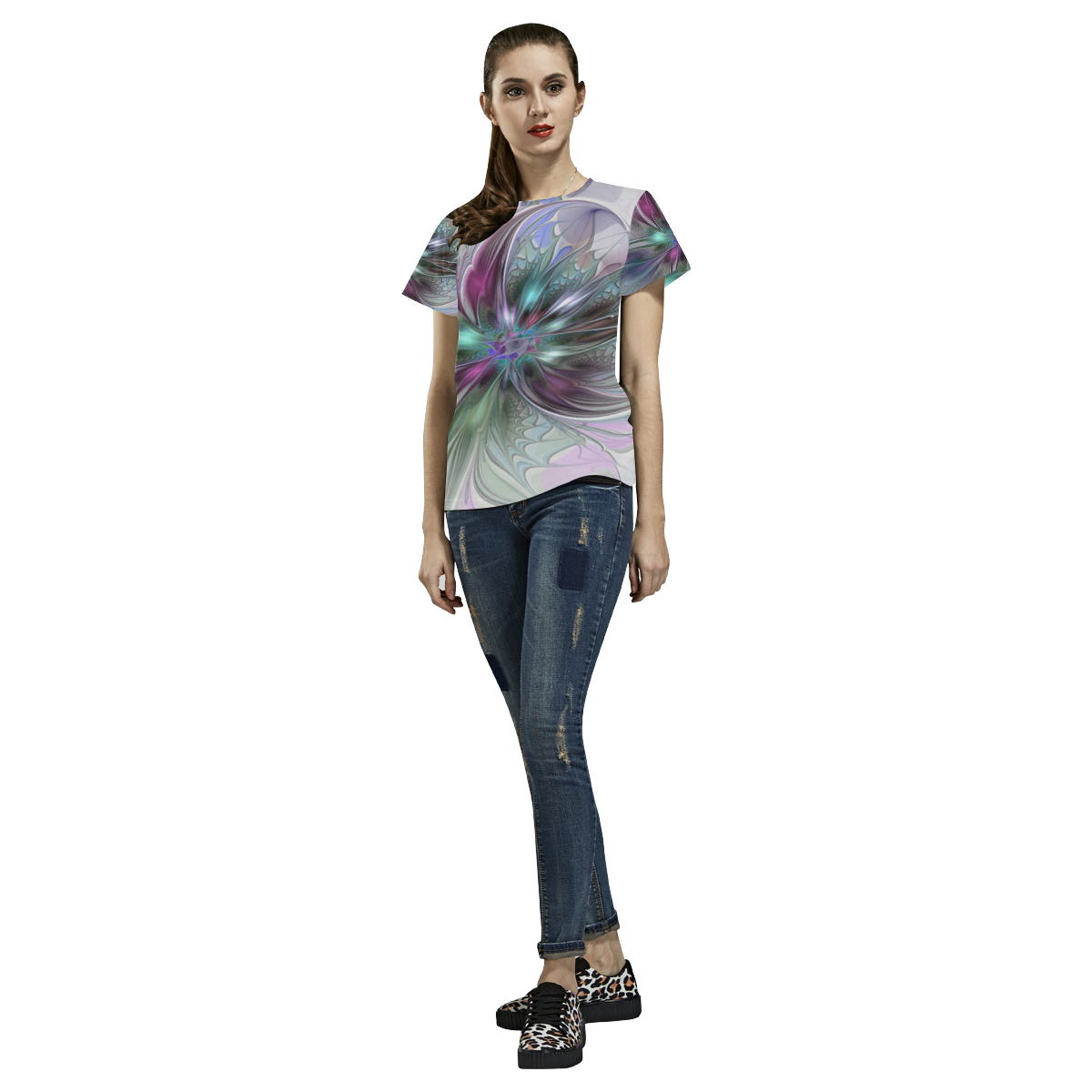 Colorful Fantasy Abstract Modern Fractal Flower All Over Print T-Shirt for Women (USA Size) (Model T40)