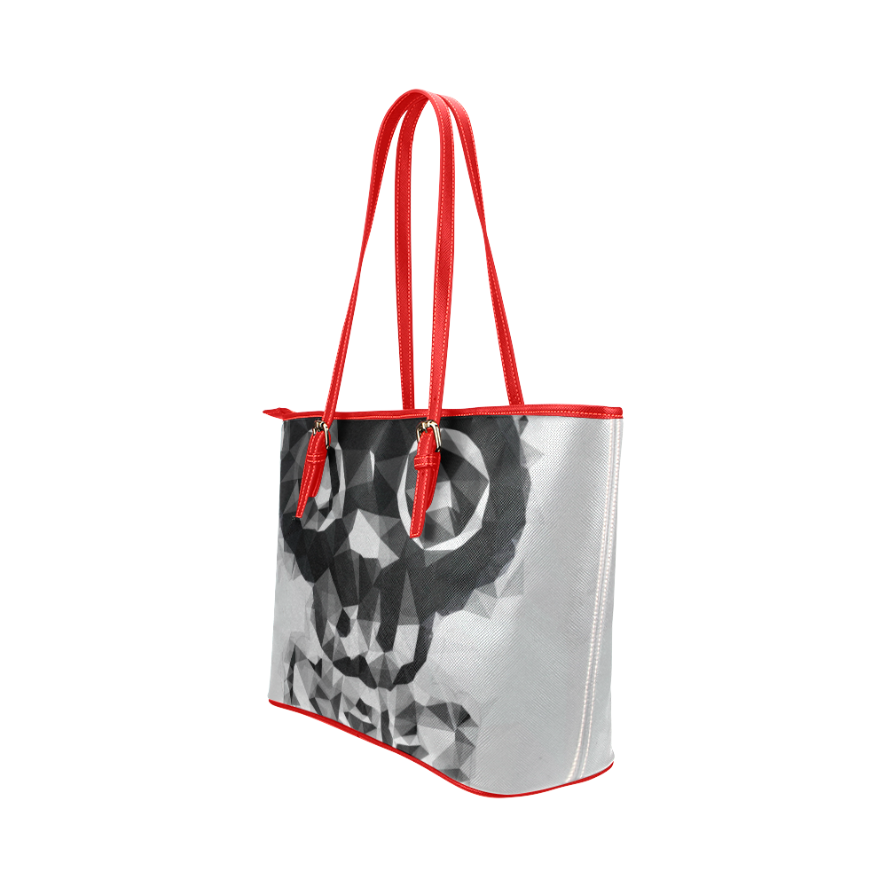 psychedelic skull and bone art geometric triangle abstract pattern in black and white Leather Tote Bag/Small (Model 1651)