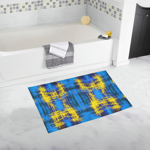 geometric plaid pattern painting abstract in blue yellow and black Bath Rug 20''x 32''