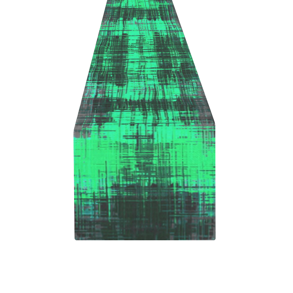 psychedelic geometric plaid abstract pattern in green and black Table Runner 14x72 inch