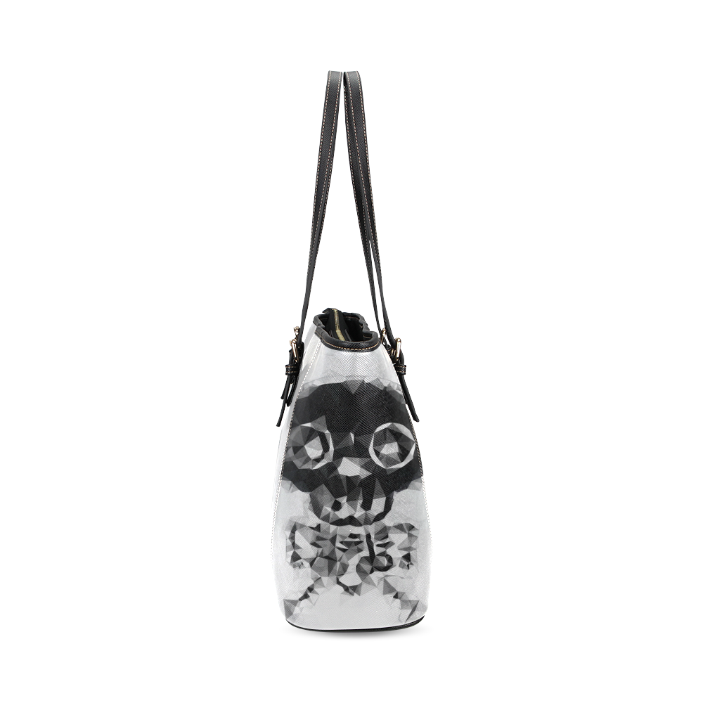 psychedelic skull and bone art geometric triangle abstract pattern in black and white Leather Tote Bag/Small (Model 1640)