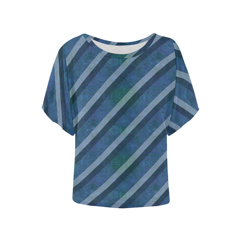 blue-stripped-pattern Women's Batwing-Sleeved Blouse T shirt (Model T44)