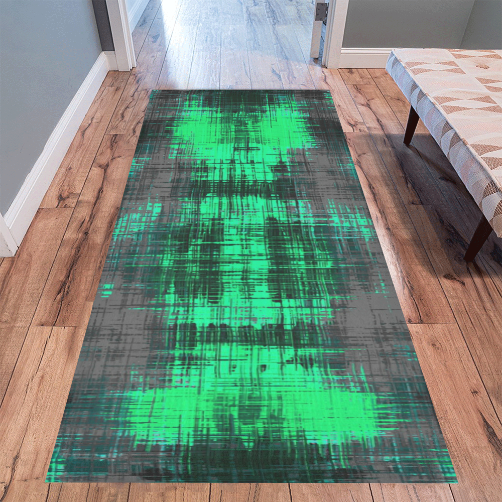 psychedelic geometric plaid abstract pattern in green and black Area Rug 9'6''x3'3''