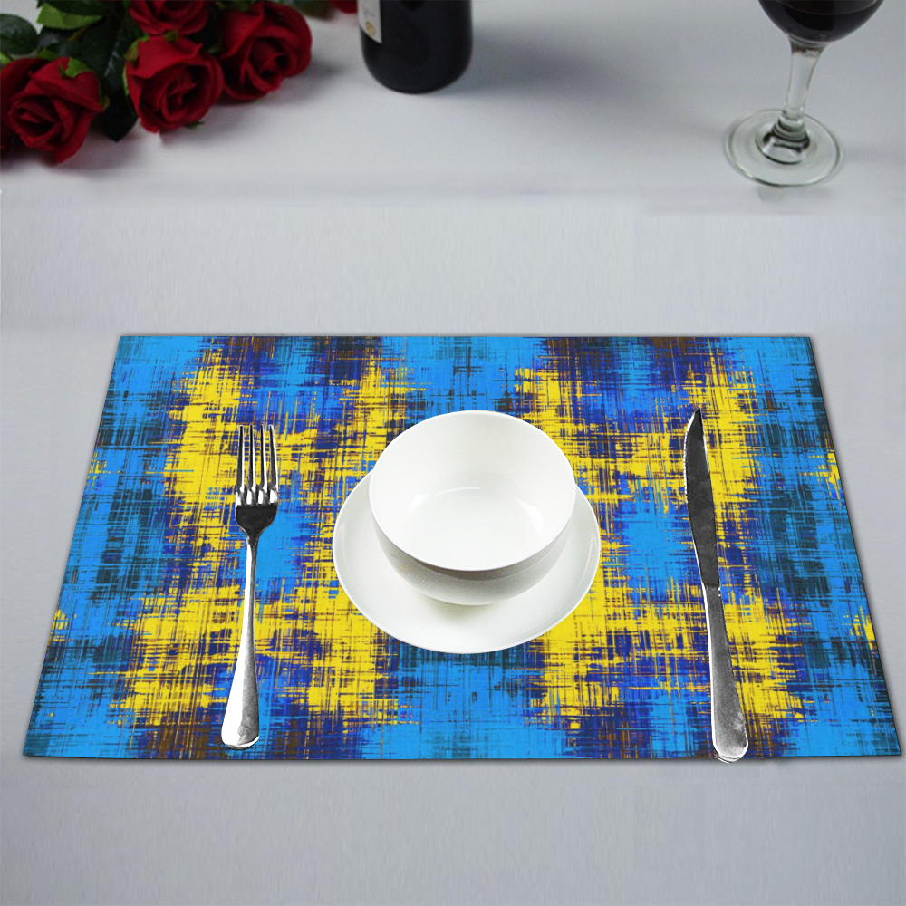 geometric plaid pattern painting abstract in blue yellow and black Placemat 12’’ x 18’’ (Set of 2)