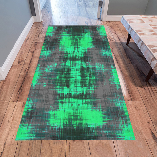 psychedelic geometric plaid abstract pattern in green and black Area Rug 7'x3'3''