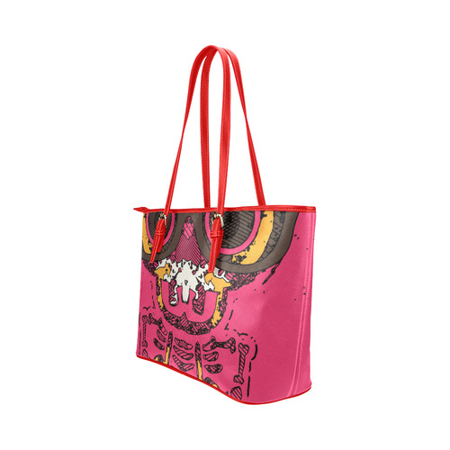 funny skull and bone graffiti drawing in orange brown and pink Leather Tote Bag/Small (Model 1651)