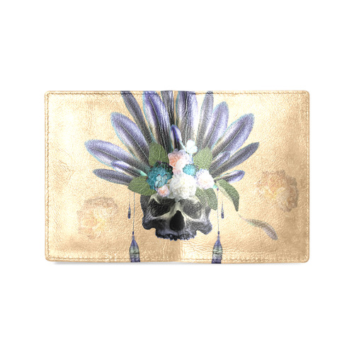 Cool skull with feathers and flowers Men's Leather Wallet (Model 1612)