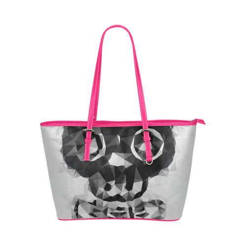 psychedelic skull and bone art geometric triangle abstract pattern in black and white Leather Tote Bag/Large (Model 1651)