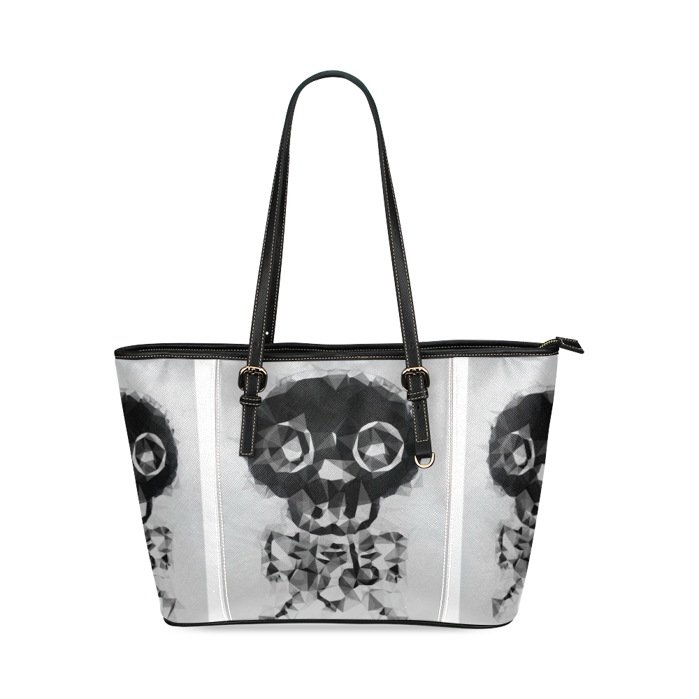 psychedelic skull and bone art geometric triangle abstract pattern in black and white Leather Tote Bag/Large (Model 1640)
