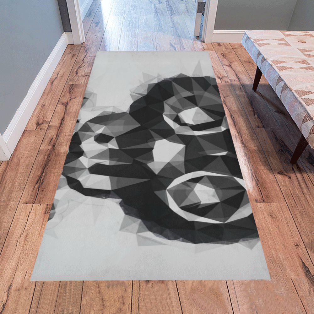 psychedelic skull and bone art geometric triangle abstract pattern in black and white Area Rug 7'x3'3''