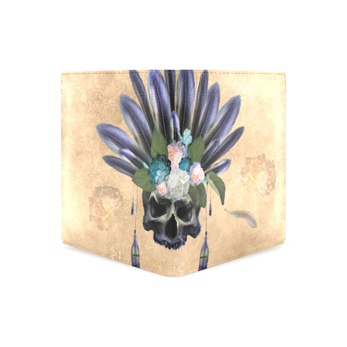 Cool skull with feathers and flowers Men's Leather Wallet (Model 1612)