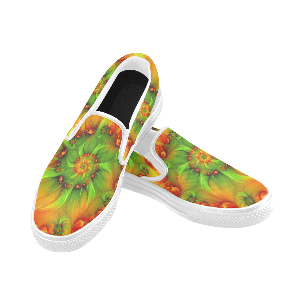 Hot Summer Green Orange Abstract Colorful Fractal Women's Slip-on Canvas Shoes (Model 019)