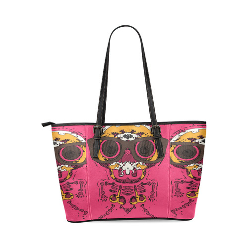 funny skull and bone graffiti drawing in orange brown and pink Leather Tote Bag/Small (Model 1640)