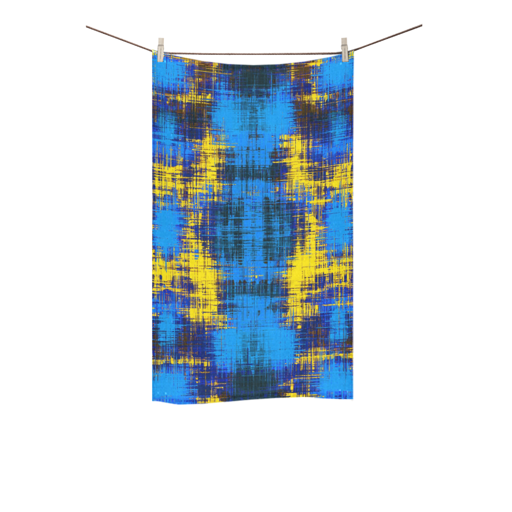 geometric plaid pattern painting abstract in blue yellow and black Custom Towel 16"x28"