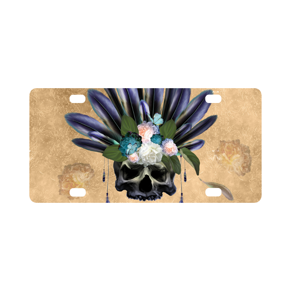Cool skull with feathers and flowers Classic License Plate