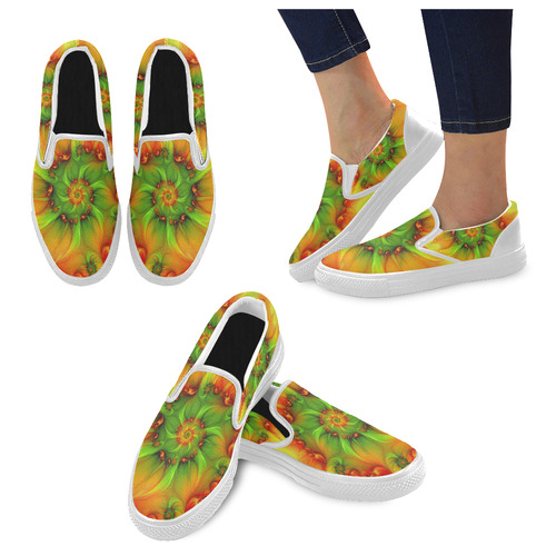 Hot Summer Green Orange Abstract Colorful Fractal Women's Slip-on Canvas Shoes (Model 019)