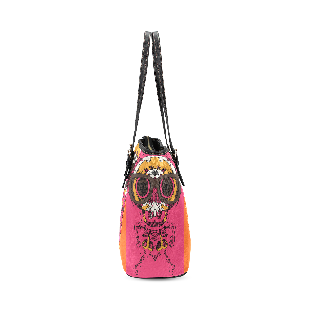 funny skull and bone graffiti drawing in orange brown and pink Leather Tote Bag/Large (Model 1640)