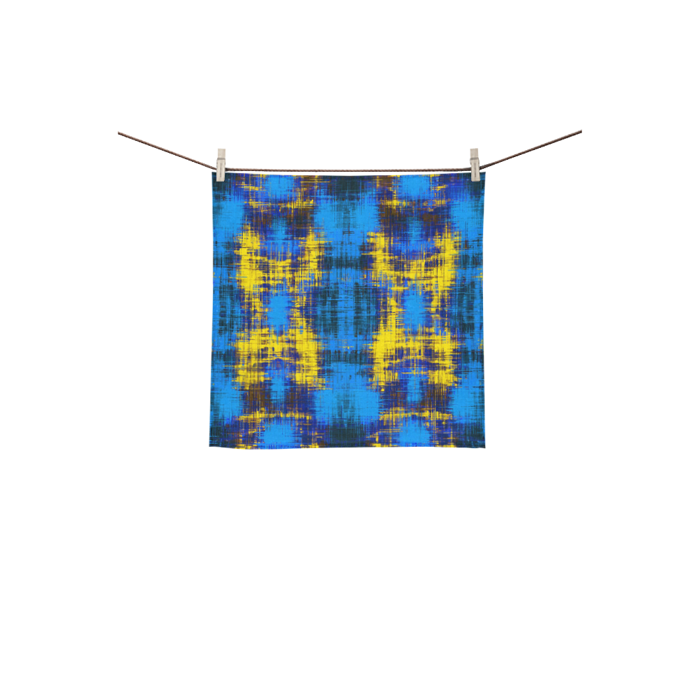 geometric plaid pattern painting abstract in blue yellow and black Square Towel 13“x13”