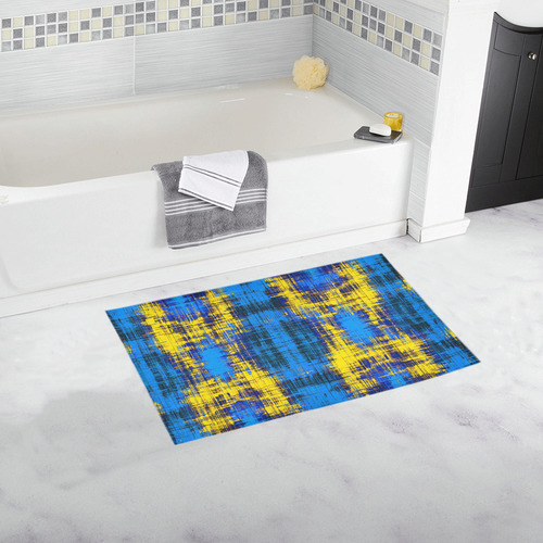 geometric plaid pattern painting abstract in blue yellow and black Bath Rug 16''x 28''