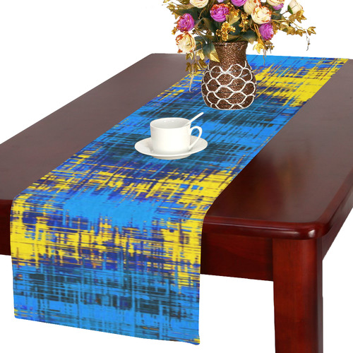 geometric plaid pattern painting abstract in blue yellow and black Table Runner 16x72 inch