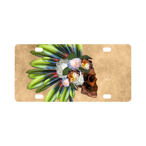 Amazing skull with feathers and flowers Classic License Plate