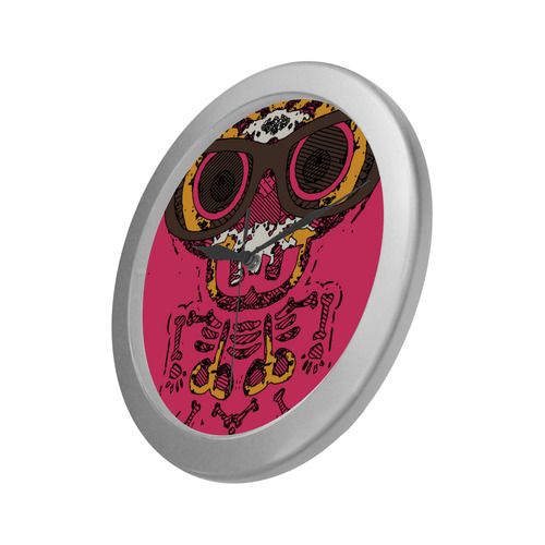 funny skull and bone graffiti drawing in orange brown and pink Silver Color Wall Clock