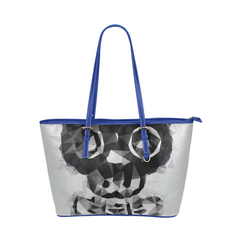 psychedelic skull and bone art geometric triangle abstract pattern in black and white Leather Tote Bag/Large (Model 1651)