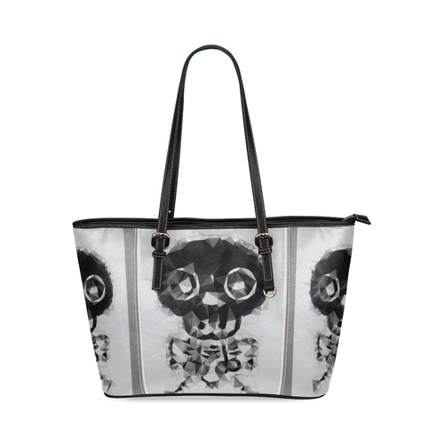 psychedelic skull and bone art geometric triangle abstract pattern in black and white Leather Tote Bag/Large (Model 1640)