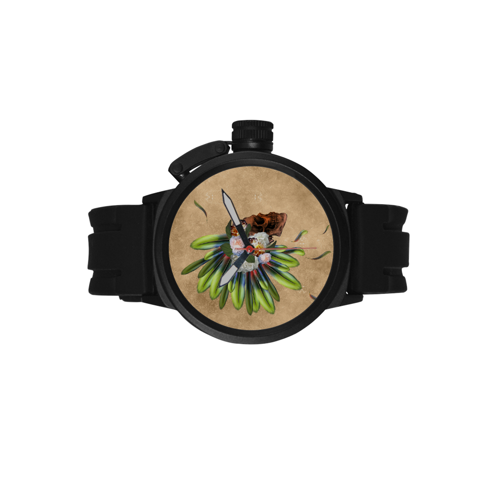 Amazing skull with feathers and flowers Men's Sports Watch(Model 309)