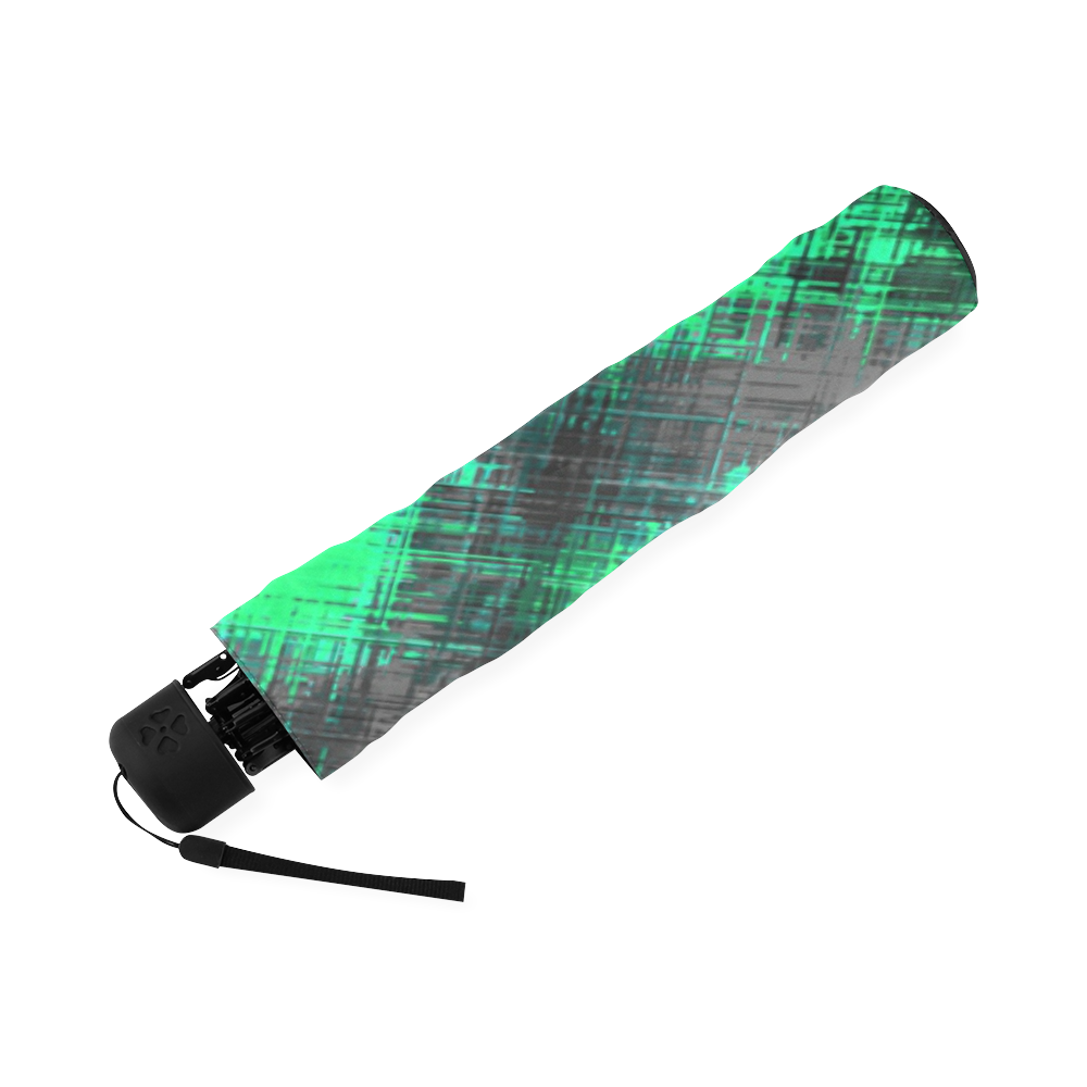 psychedelic geometric plaid abstract pattern in green and black Foldable Umbrella (Model U01)