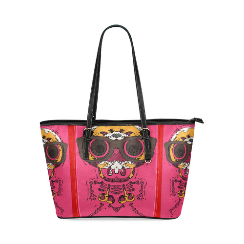 funny skull and bone graffiti drawing in orange brown and pink Leather Tote Bag/Large (Model 1640)