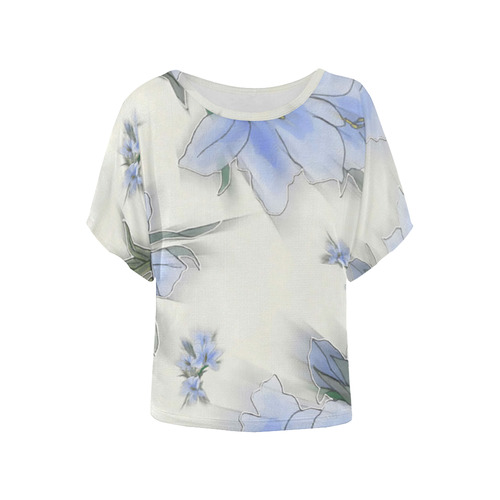 blue-flowers Women's Batwing-Sleeved Blouse T shirt (Model T44)