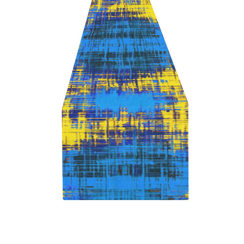 geometric plaid pattern painting abstract in blue yellow and black Table Runner 16x72 inch