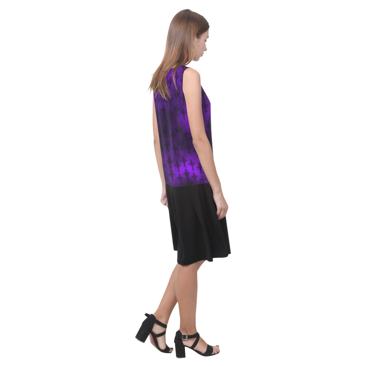 Purple and Black Goth Crosses Sleeveless Splicing Shift Dress(Model D17)