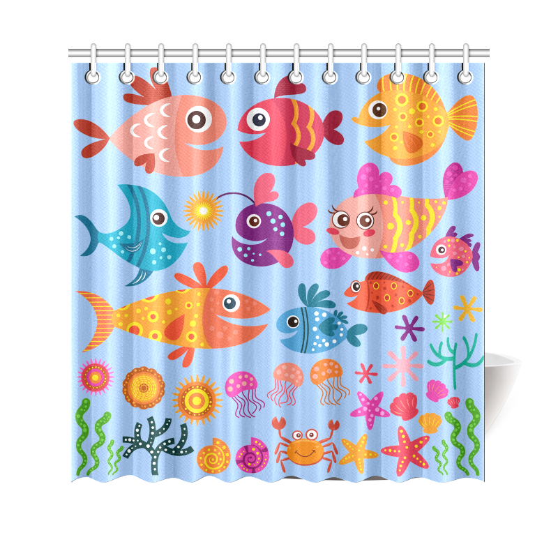 Cute Fish Jellyfish Seashells Crab Shower Curtain 69"x70"
