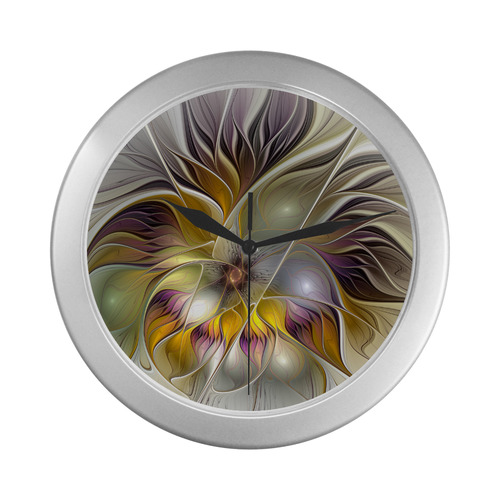Abstract Colorful Fantasy Flower Modern Fractal Silver Color Wall Clock